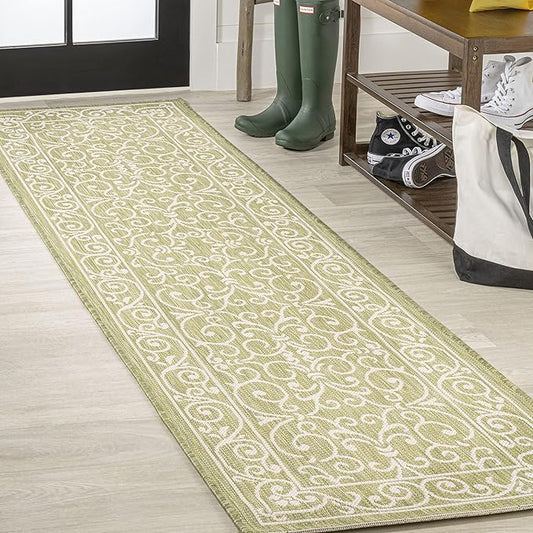 JONATHAN Y Vintage Filigree Indoor Outdoor Runner Rug 2X10 Green/Cream, Charleston Textured Weave for Backyard, Patio, Porch, Easy-Cleaning, High Traffic, Pet-Friendly, Non-Shedding (SMB106H-210)-Ruum Studio Home