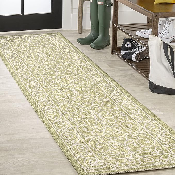 JONATHAN Y Vintage Filigree Indoor Outdoor Runner Rug 2X8 Green/Cream, Charleston Textured Weave for Backyard, Patio, Porch, Easy-Cleaning, High Traffic, Pet-Friendly, Non-Shedding (SMB106H-28)-Ruum Studio Home