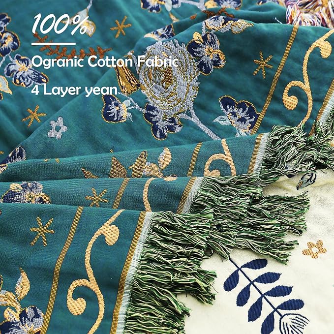 Boho 100% Organic Cotton Large Throw Blanket 50" x 60" - All Season Rustic Ultra Soft Breathable Floral Bird Blanket for Bed Sofa Couch Chair Bedspread Quilt Gift-Teal,Beige-Ruum Studio Home