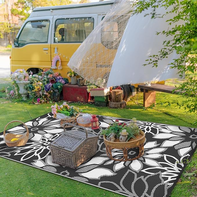 GENIMO Outdoor Rug Waterproof for Patio Decor, 8' x 10' Reversible Plastic Straw Floral Camping Carpet, Large Area Rugs Mats for RV, Camper, Deck, Balcony, Porch, Beach, Picnic, Black & White-Ruum Studio Home