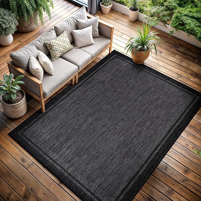 CAMILSON Indoor Outdoor Rug, 6x9 Bordered Dark Grey Black Modern Area Rugs for Indoor and Outdoor Patios, Kitchen and Hallway Mats, Washable Porch Deck Outside Carpet (Bordered Black, 6 x 9)-Ruum Studio Home