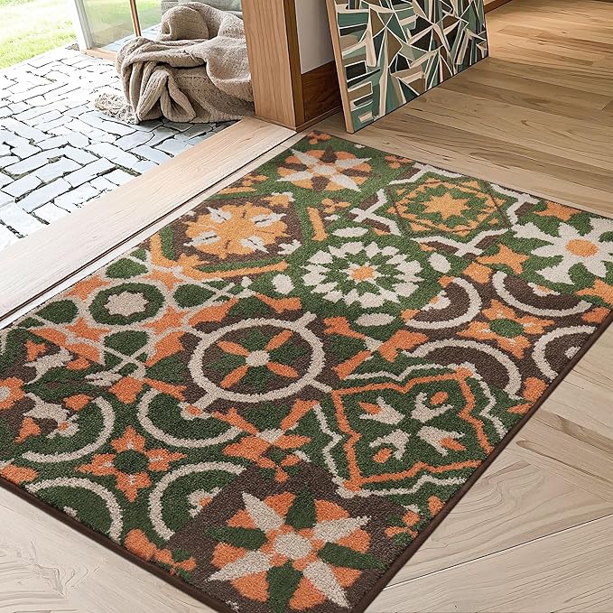 BEQHAUSE Dirt Trapper Door Mat 32" x 48", Non-Slip Entryway Rugs Washable, Floor Mat Stain Resistant and Absorbent Welcome Mat for Front Back Door, Muddy Wet Shoes & Paws, Boho Geometric Floral-Ruum Studio Home