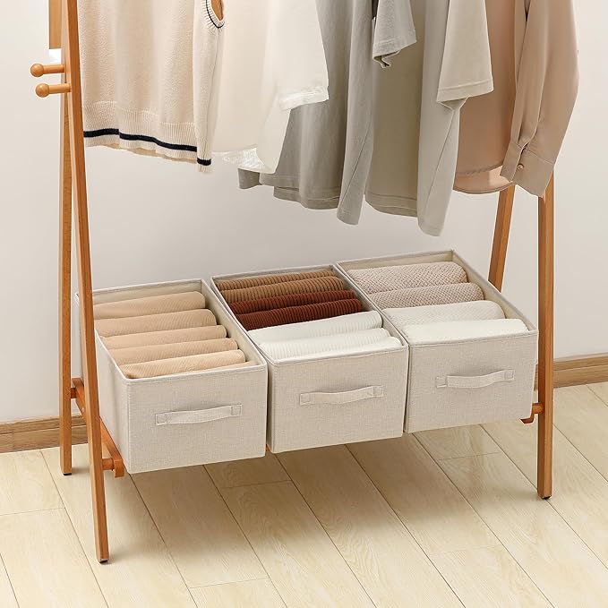 Linen Folding Storage Bins, 3 Pack Large Storage Baskets, Washable, Clothing Storage Bins with Handle, Closet Organizer for Storage Sweater,Sheets(Beige, 18½"x11" x8½")-Ruum Studio Home