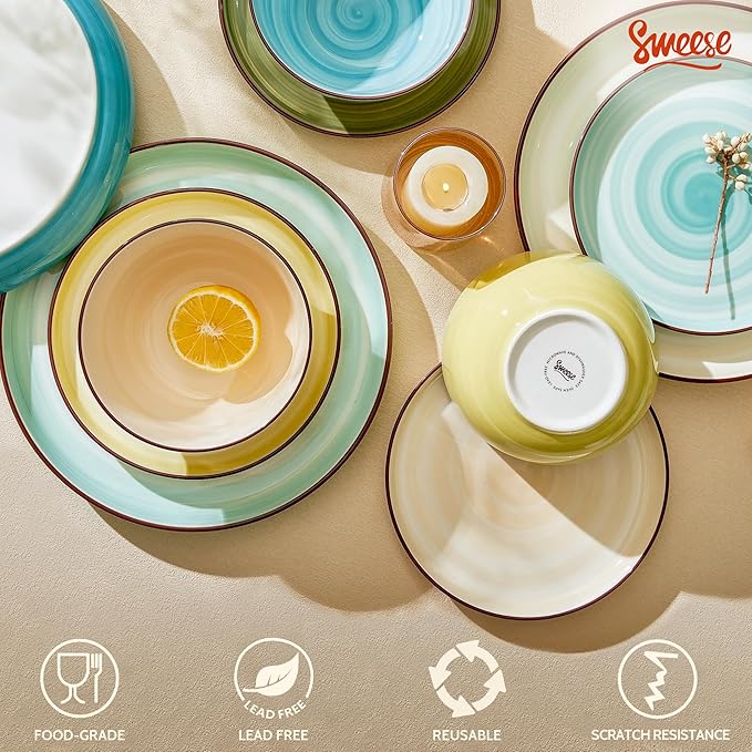 Sweese Plates and Bowls Sets, 18 Piece Dinnerware Set Porcelain Round Dinner Set for 6, Scratch Resistant Dishes Set, Dishwasher and Oven Microwave Safe Handpainted Swirl Dishware Sets, Assorted Green-Ruum Studio Home