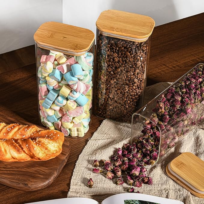 64oz Rectangle Airtight Glass Storage Containers with Bamboo Lids (Set of 4), Square Food Storage Jar, Pantry Organizers for Cereal, Flour, Pasta and Coffee beans (‎with Black Lable)-Ruum Studio Home