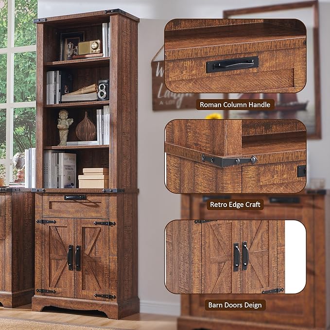 OKD 72'' Tall Bookshelf with Storage, Farmhouse 4 Tier Bookcase w/Barn Door, Adjustable Shelves and Drawers, Rustic Wooden Office Bookshelves for Home, Living Room, Library (Reclaimed Barnwood Color)-Ruum Studio Home