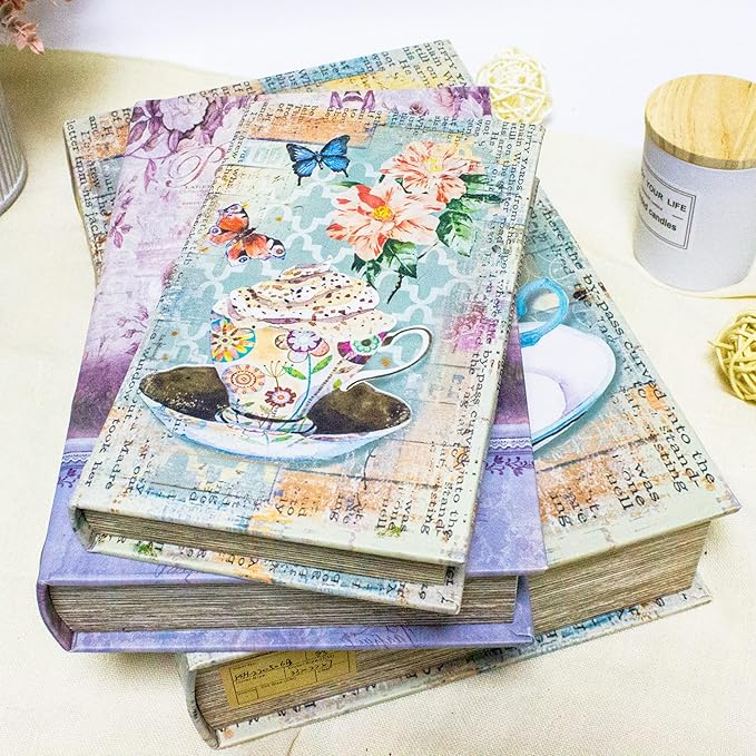 Decorative Book Box Set of 3, Trinket Keepsake Greeting Card Storage Box, Flower Bird Pattern Vintage Coffee Table Decoration, Graduation Gift Idea-Ruum Studio Home