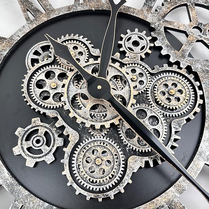 The B-Style 36" Large Moving Gear Wall Clock Oversized Vintage Farmhouse Wall Clocks for Living Room Decor Rustic Industrial Wood Clock (Black and Bronze)-Ruum Studio Home