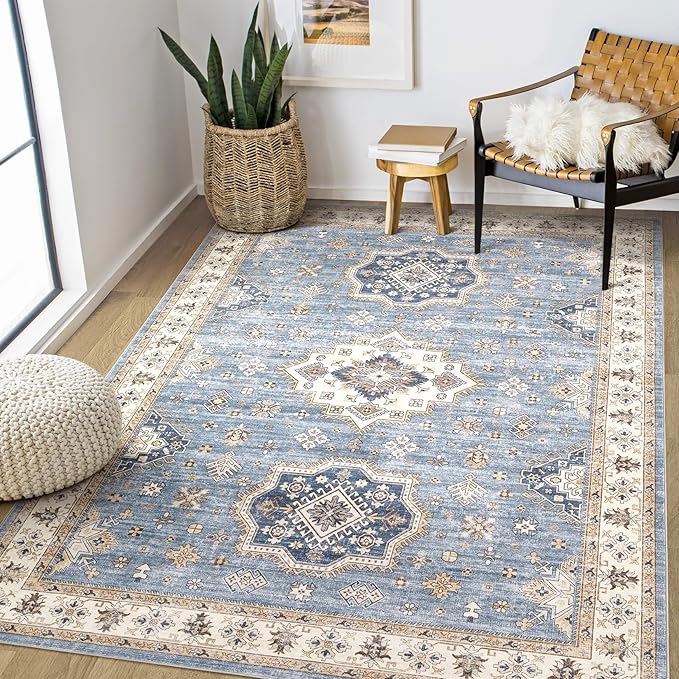 Washable Area Rugs for Living Room - 5x7 Neutral Vintage Distressed Floral Farmhouse Boho Large Soft Floor Rug Indoor Non Slip Carpet for Living Room Bedroom Dining Room Office - Blue-Ruum Studio Home