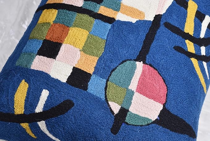 Lumbar Kandinsky Blue Modern Pillow Cover - Counterweights Mid-Century Chair Cushions Blues Abstract Pillowcase Contemporary Sofa Pillowsham Handembroidered Wool Size 14x20-Ruum Studio Home
