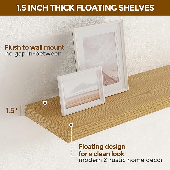 Rustic Wood Floating Shelves 32 Inch Long, 9 Inch Deep Wall Shelves for Home Decor, 32 x 9 Floating Shelf Wall Mounted Set of 2, Deep Floating Shelves for Kitchen, Bedroom, Living Room, Oak Color-Ruum Studio Home