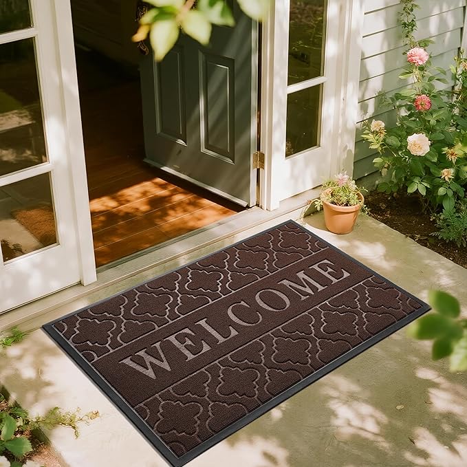 Yimobra Welcome Mat Outdoor Indoor, All-Season Waterproof Front Door Mat Outside Entrance, All-Weather Heavy Duty Non-Slip Doormat, Low Profile Porch Patio Entrance Mats, 47x32, Brown-Ruum Studio Home