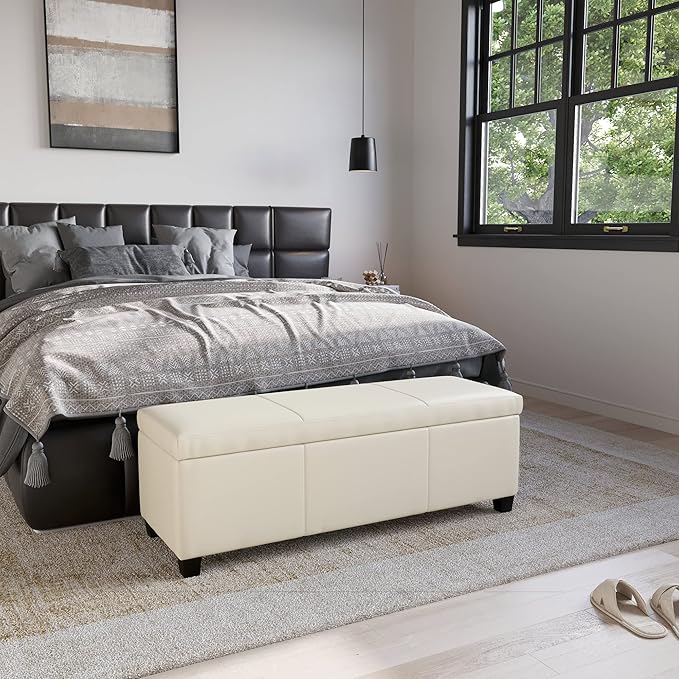 BELLEZE 47 Inch Storage Ottoman, Faux Leather Storage Bench Bedroom Bench with Safety Close Hinge, Ottoman with Storage for Living Room, Entryway, Hallway, Foot Rest, Support 300lbs - Cream-Ruum Studio Home