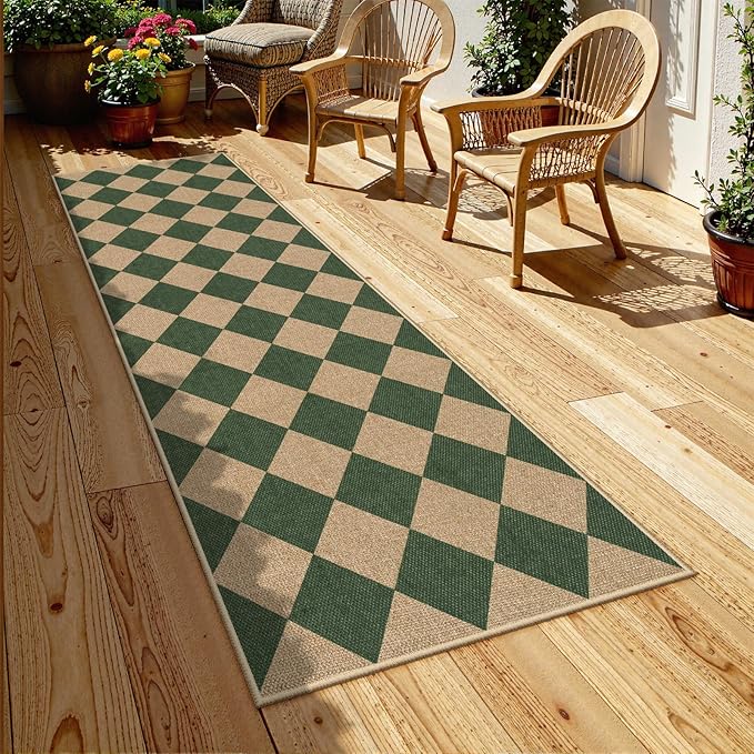 Lahome Checkered Kitchen Runner, 2x8 Easy Jute Runner Rug for Hallway Entryway, Farmhouse Indoor Outdoor Non Slip Non Shedding Green Carpet for Laundry Bedroom Porch Corridor-Ruum Studio Home
