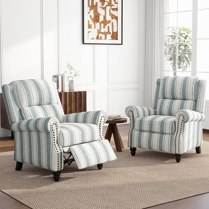 UIXE Pushback Recliner Chairs Set of 2, Fabric Armchair Push Back Accent Chair, Rivet Trim Club Chair Home Theater Overstuffed Single Sofa Reading Seat for Living Room, Stripe Blue-Ruum Studio Home