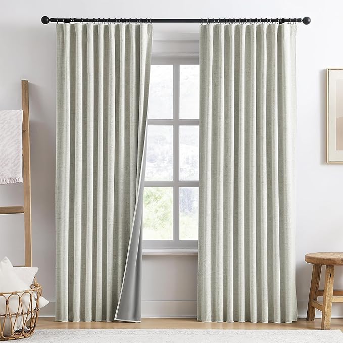 92 Inch Long Curtains 2 Panels,Back Tab Hook Belt with Hooks,Modern Neutral French Style Pleat Look Soundprof Linen Drop Cloth Traverse Blackout Curtains for Living Room 50W x 92L Natural Cream-Ruum Studio Home