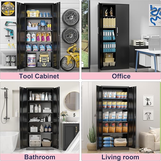71" Garage Storage Cabinets with Lock, Cabinets with Doors and Shelves, Kitchen Pantry Cabinet, Metal Cabinet for Office, Garage, Shop, School, Assemble Required, Black-Ruum Studio Home