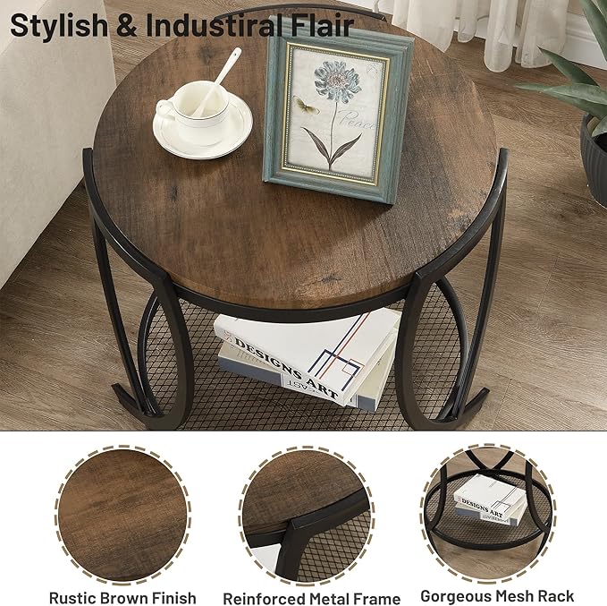 ASYA Industrial Round End Table with Storage Shelf, 2-Tier Side Table for Living Room, Adjustable Feet & lmitation Wood Grain Surface, Rustic Brown-Ruum Studio Home