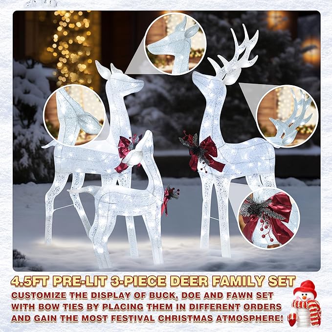 4.5FT Lighted Reindeer Family Set for Christmas Decoration, 3 Pieces Pre-Lit Iridescent Deer Xmas Decor with 200 LED Lights, 3D Glittered Standing Holiday Display for Outdoor, Indoor, White-Ruum Studio Home