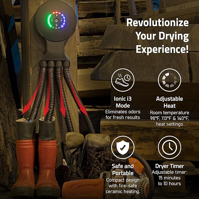 Hedgehog Octopus Portable Heavy Ski Boot Dryer for Work Boots and Shoes, Wall Mounted Fast 2 Pair Shoe Dryer Fan Dries in Minutes, Removes Sweat & Odor, Tornado Mode, Adjustable Heat, Black-Ruum Studio Home