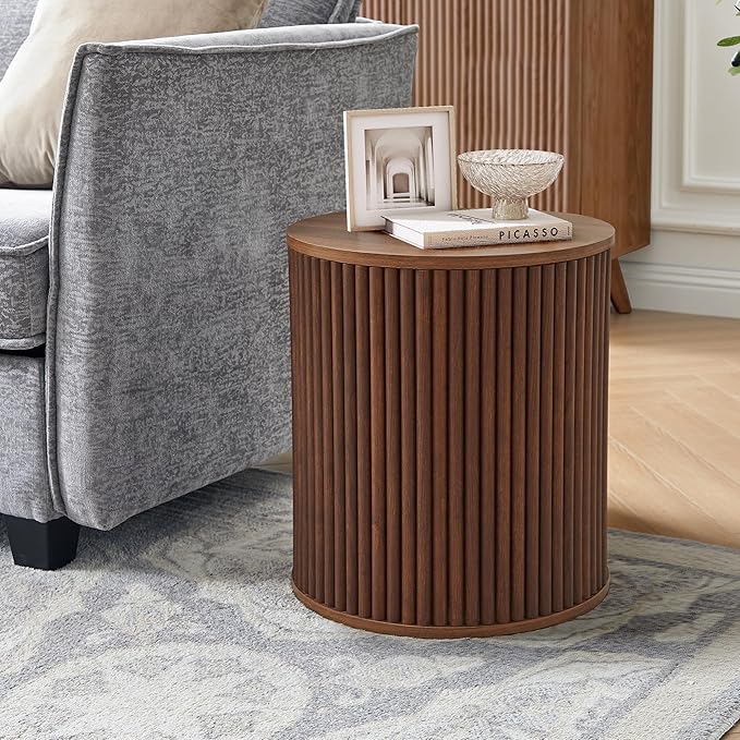 AVZEAR Fluted Round Side Table with Storage, Small Mid Century End Table Fluted Nightstands, Modern Circle Bedside Tables Wood Night Stand for Small Spaces, Living Room, Bedroom (Rustic Walnut)-Ruum Studio Home