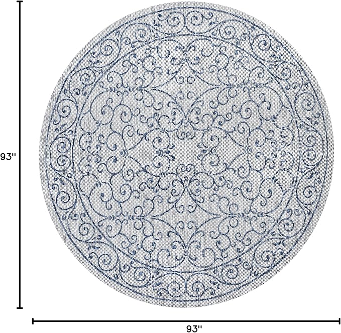 JONATHAN Y Vintage Filigree Indoor Outdoor Round Area Rug 8 Ft Gray/Navy, Charleston Textured Weave for Backyard, Patio, Porch, Easy-Cleaning, High Traffic, Pet-Friendly, Non-Shedding (SMB106C-8R)-Ruum Studio Home