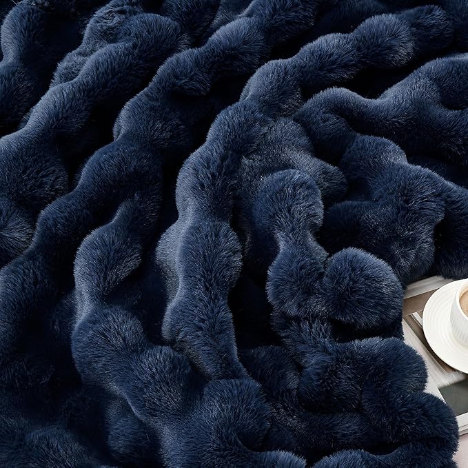DREAMNINE Large Soft Thick Fuzzy Bubble Faux Rabbit Fur Blanket Full Size 70" x 80",Double Sided Comfy Plush Warm Shaggy Fluffy Blankets, Luxury Big Cozy Cute Textured Furry Blanket for Bed, Navy Blue-Ruum Studio Home