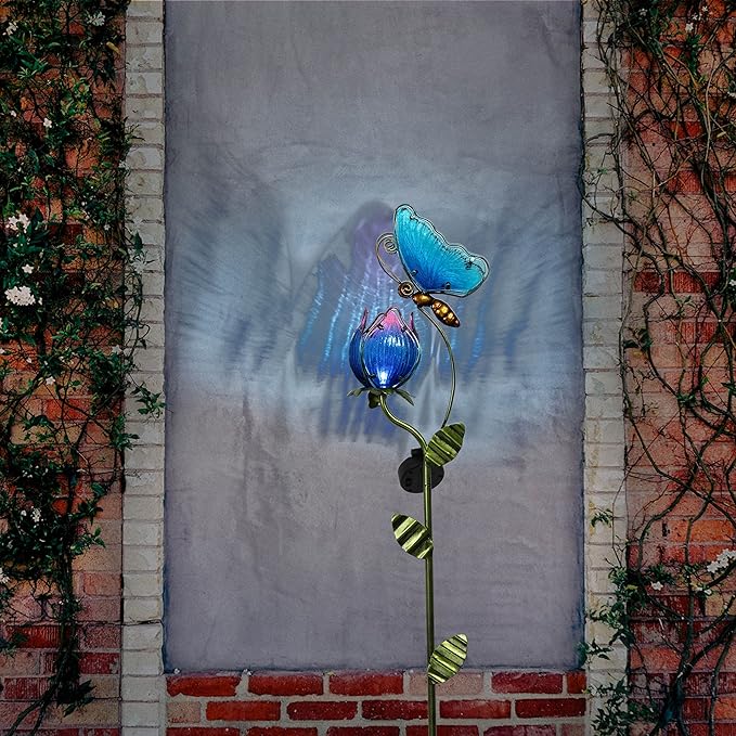 TERESA'S Collections Flower Yard Decorations Outdoor, 42'' Blue Glass Butterfly Solar Outdoor Lights Garden Decor for Outside, Metal Yard Art Garden Stake Decorative for Patio Decor,Gifts for Mom-Ruum Studio Home