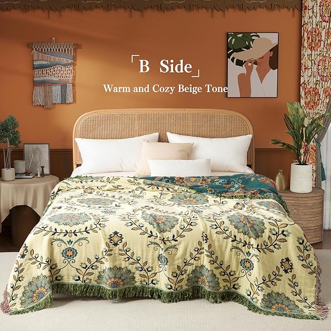 Boho Throw Blanket Twin Size, Soft Cozy Cotton Muslin Quilt Blanket for Bed Decor, Floral Patterned Couch Sofa Chair Cover, Vintage Farmhouse Cottage Tapestry Woven Blanket, Green&Beige-Ruum Studio Home