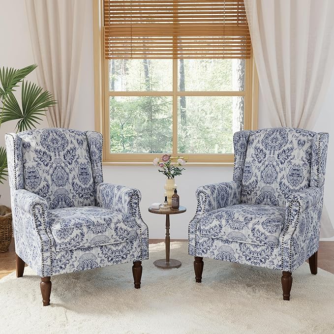 Lumibee High Back Accent Chair Set of 2, Armchair in Fabric,Comfy Upholstered Wingback Single Sofa Reading Chairs with Solid Wood Legs for Living Room,Bedroom,Office-Navy-Ruum Studio Home