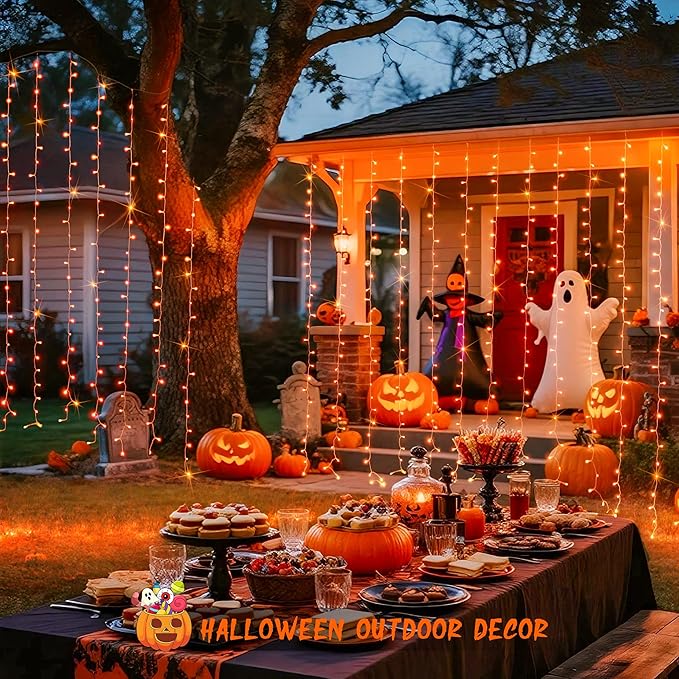 JMEXSUSS 300LED Orange Halloween Lights with Remote, 9.8x9.8ft Halloween Curtain Light, 8 Modes Orange Hanging String Lights Plug in for Fall Bedroom Thanksgiving Window Party Indoor Outdoor Decor-Ruum Studio Home