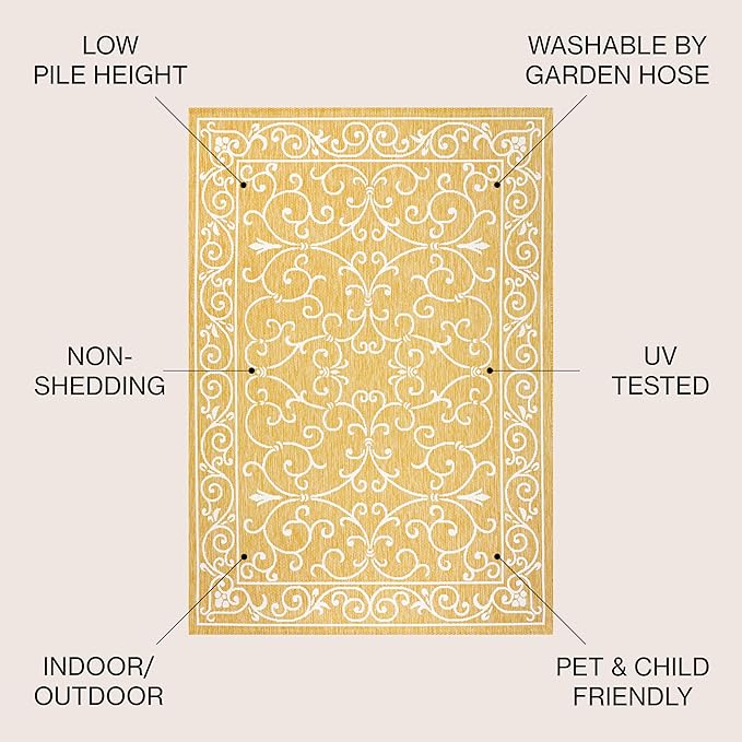 JONATHAN Y Vintage Filigree Indoor Outdoor Area Rug 5X8 Yellow/Cream, Charleston Textured Weave for Backyard, Patio, Porch, Easy-Cleaning, High Traffic, Pet-Friendly, Non-Shedding (SMB106L-5)-Ruum Studio Home