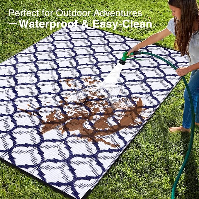 OLANLY Reversible Outdoor Rug 9x12 ft Clearance, Waterproof Outdoor Plastic Straw Rug with Interlacing Pattern, RV Mat for Patio, Camping, Balcony, Deck, Backyard, Navy & White-Ruum Studio Home