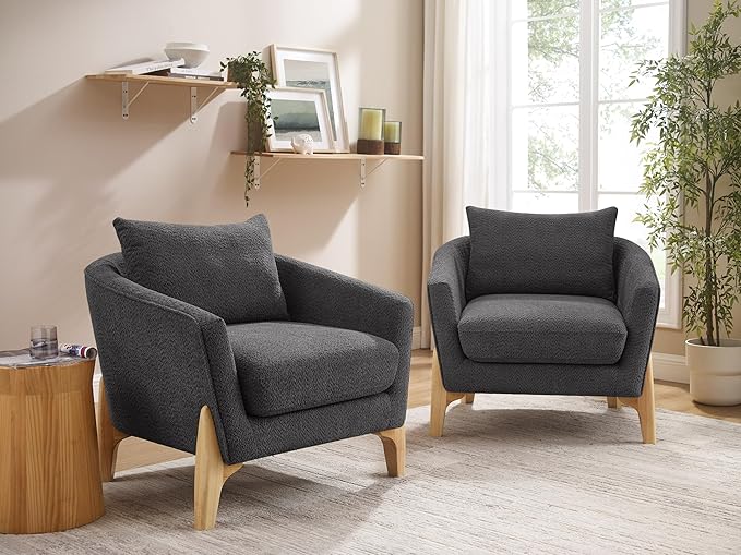 Accent Chair 31" Oversized Reading Chair Comfy Upholstered Boucle Lounge Armchair, Modern Living Room Chair with Back Pillow,Single Sofa Chair for Bedroom, Office (Grey)-Ruum Studio Home