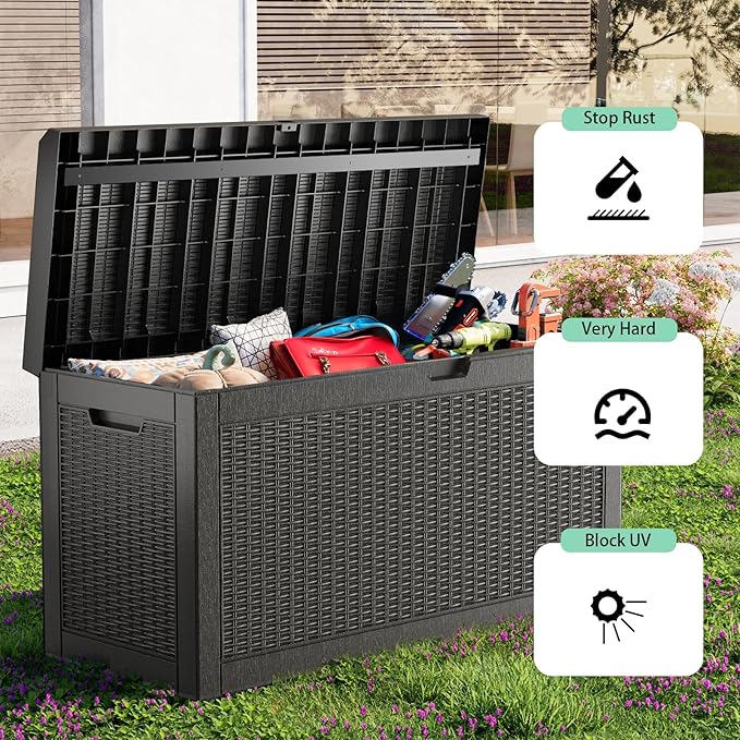 Vixzen 60 Gallon Outdoor Deck Box,Lockable Resin Waterproof Storage Box,UV Resistant,Weather Resistance,Outside Storage Bin for Gardening Tools,Pool Supplies,Black-Ruum Studio Home