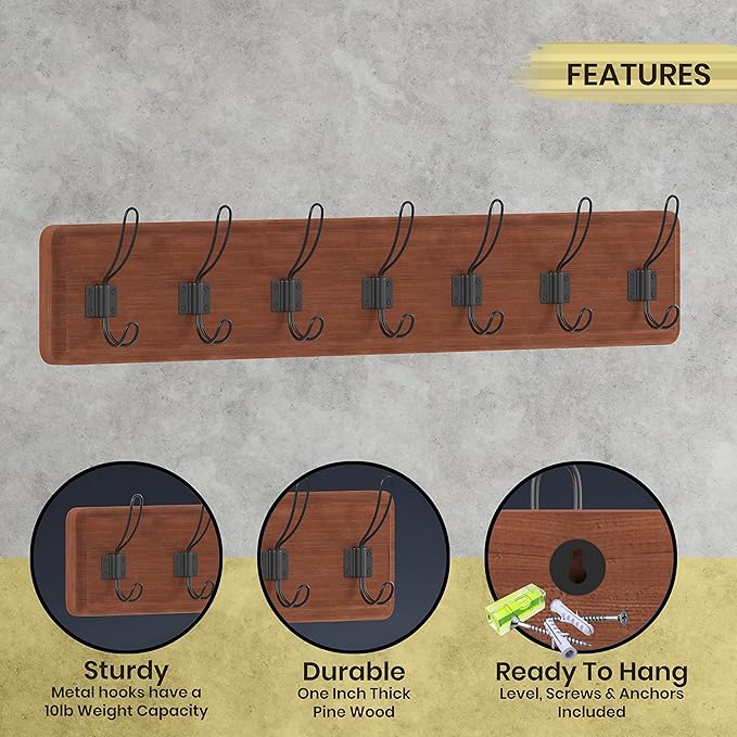 HBCY Creations Rustic Brown Solid Wood Wall Mounted Coat Rack with Shelf, 7 Hooks, 34" Long - Kitchen, Mudroom, Entryway, Bathroom - Includes Mounting Hardware, Coat Hanger, Dog Leash Hooks-Ruum Studio Home