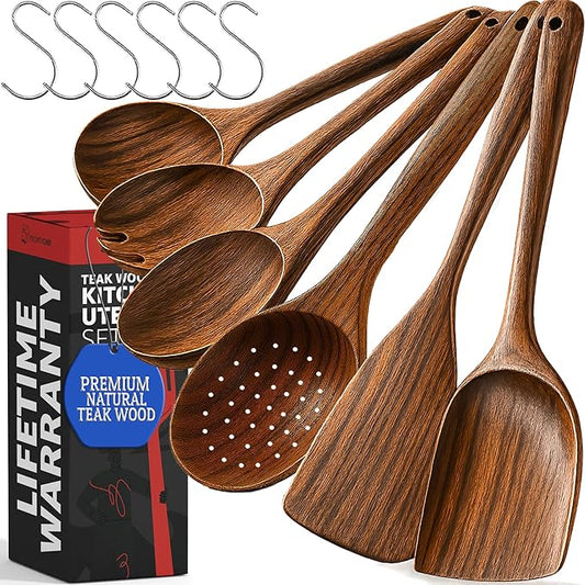 PriorityChef Premium Wooden Spoons for Cooking - 6pc Smooth Finish Teak Wooden Utensil Set with Hanging Hooks, Heat-Resistant & Nonstick Safe, Ideal for Gifting-Ruum Studio Home