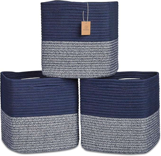 NaturalCozy 13 Inch Cube Storage Bins Cotton Rope Woven Baskets for Organizing 3-Pack | 13 x 13 Storage Cubes | Fabric Square Storage Baskets for Shelves Organizer, Kids Toy Bins, Closet Baby Nursery-Ruum Studio Home