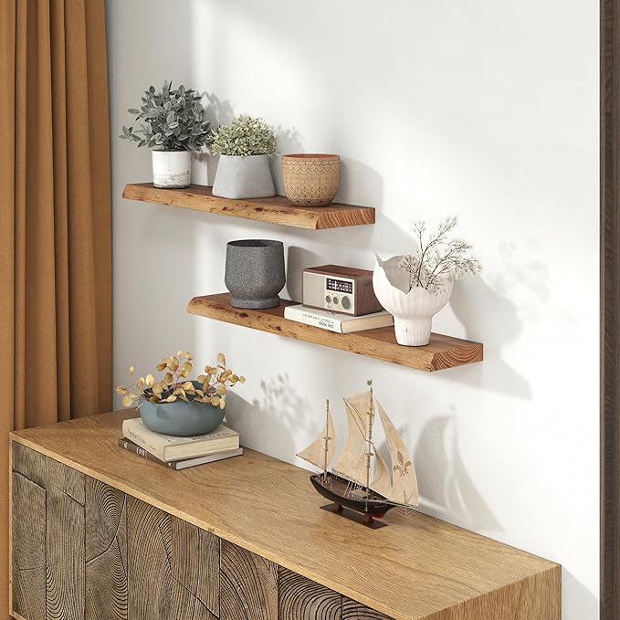 Solid Elm Wood Floating Shelves, 36 Inch Wood Floating Shelves for Wall, Live Edge Wooden Shelves Wall Mounted for Books, Bathroom, Kitchen, Natural Color, Set of 2-Ruum Studio Home