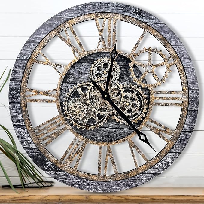 The B-Style Large Wall Clock 24 inch Moving Gear Wall Clock Oversized Vintage Farmhouse Wall Clocks for Living Room Decor Decorative Rustic Industrial Wood Clock (Carbon Gray)-Ruum Studio Home