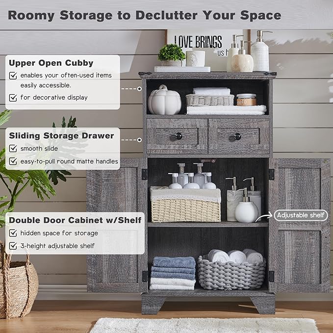 Bathroom Floor Cabinet, Farmhouse 24" Wide Cabinet with Drawer, Adjustable Shelf, Barn Doors, Cabinets for Bathroom, Kitchen, Living Room, Grey Wash-Ruum Studio Home