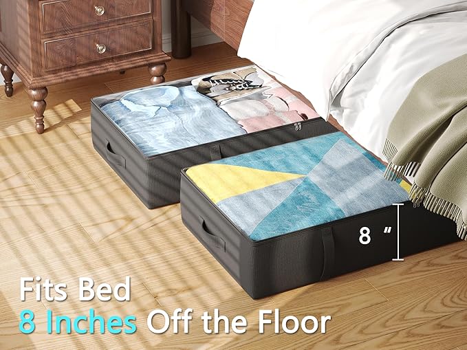 2-Pack Under Bed Storage Containers, 8 Inches Tall Underbed Clothes Storage Organizer Bin with Sturdy Sidewalls/Bottom, Under the Bed Storage Bags 2 Storage Bins, Black-Ruum Studio Home