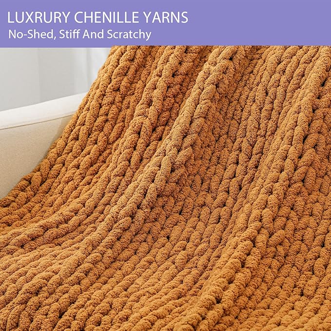 Bigacogo Chunky Knit Throw Blanket for Couch, 40x80 inches, 100% Hand Knitted with Thick Jumbo Chenille Yarn, Cozy Soft Large Rope Knot Cable Crochet Blankets for Sofa Bed Living Room, Burnt Orange-Ruum Studio Home