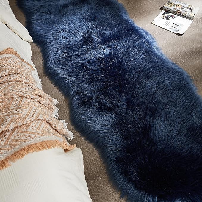 AMTOVO Faux Sheepskin Rug, Dark Blue Ultra Soft Fluffy Shag Area Rug, 2 x 6 ft Faux Fur Rug for Bedroom Sofa Throw Cushion Room Decor, Sheepskin-Ruum Studio Home