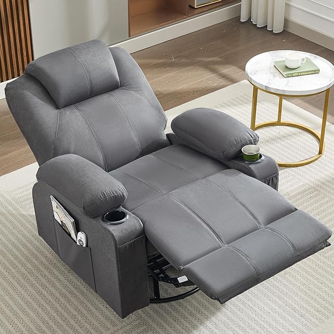 Oversized Swivel Rocker Recliner Chair with Heat and Massage, 360 Degree Swivel Rocking Single Sofa with Cup Holders and USB Port, Big Large Recliner Chair for Living Room (Fabric, Darkgrey)-Ruum Studio Home