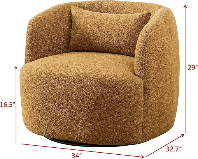 KINWELL 34" Wide Boucle Swivel Barrel Chair, No Assembly Round Upholstered Armchair Accent Chair Single Sofa Chair with Toss Pillow for Living Room and Bedroom, Brown-Ruum Studio Home