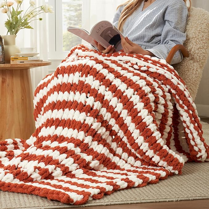Amélie Home Chunky Knit Throw Blanket for Couch, Soft Chenille Crochet Blanket for Sofa, 50"x60", Burnt Orange & White Striped-Ruum Studio Home