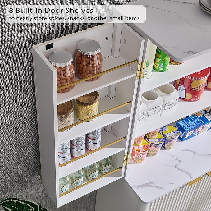 OKD Fluted Kitchen Pantry, 72" Tall Mid Century Modern Storage Cabinet with Adjustable Shelves & Door Organizer, Wood Cabinet for Kitchen, Living Room, Solid White-Ruum Studio Home