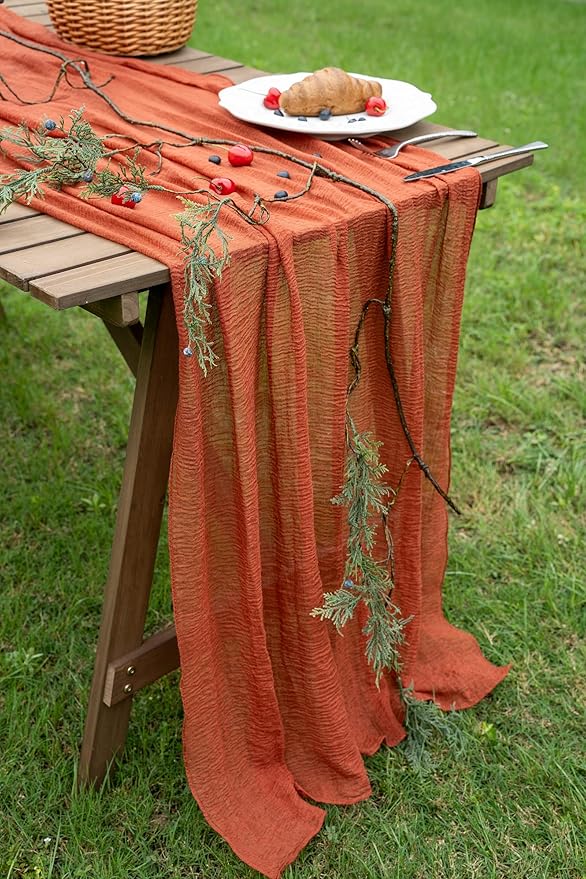 Keketo Fall Table Runner Terracotta Rust Gauze 120 Inch 10 FT Rustic Burnt Orange Cheese Cloth for Wedding Baby Bridal Shower Party Centerpiece Sheer Thanksgiving Fall Decorations for Home-Ruum Studio Home