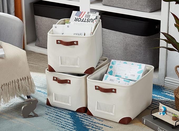DECOMOMO White Storage Bins Fabric Storage Baskets for Shelves & Linen Closet Organization (Creamy White W/Label holder, Large - 3 Pack)-Ruum Studio Home